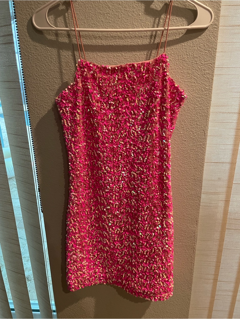 Pink Sequin-Embellished Spaghetti Strap Dress